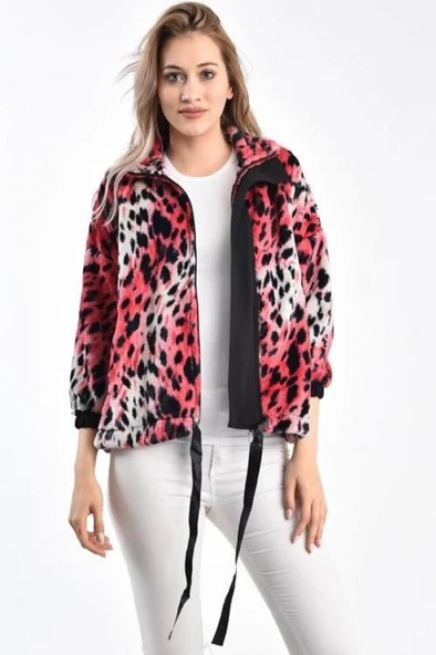 Eteği Bağlamalı Leopar Desenli Pembe Kadın Peluş Mont - 2