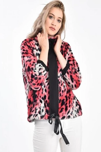 Eteği Bağlamalı Leopar Desenli Pembe Kadın Peluş Mont - 3