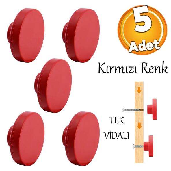Plastik Yuvarlak 5 ADET Düz Kırmızı Renk Oda Mobilya Mutfak Dolabı Kapak Kulpu Çekmece Kulbu