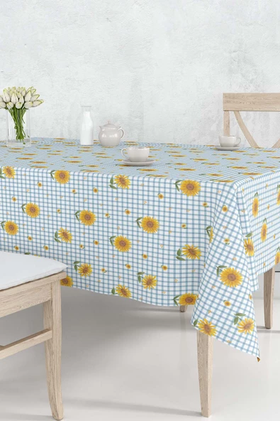 Rivaİstanbul Ayçiçeği Pötikare Mavi Desenli Masa Örtüsü, Sofra Bezi, Piknik Örtüsü - 3