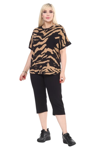 Melsay Butik Siyah Zebra Desen Çapraz Cep Detaylı Kapri Takım - 2