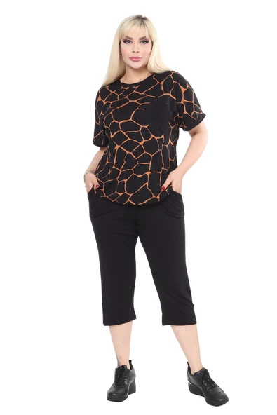 Melsay Butik Siyah Taş Desen Çapraz Cep Detaylı Kapri Takım - 4