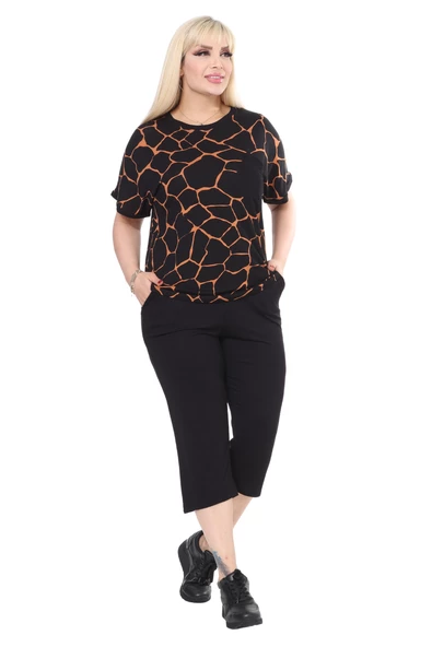 Melsay Butik Siyah Taş Desen Çapraz Cep Detaylı Kapri Takım - 2