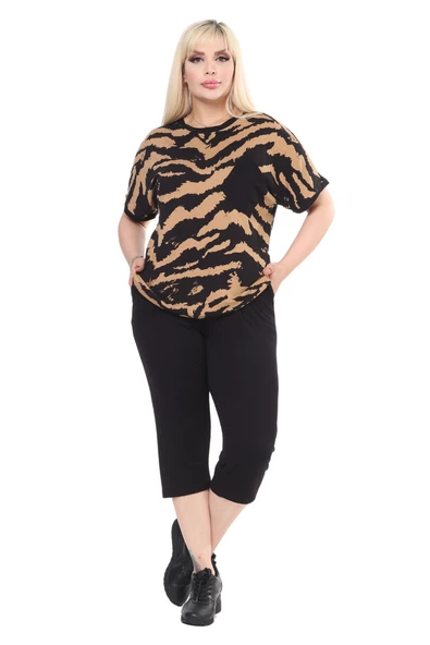 Melsay Butik Siyah Zebra Desen Çapraz Cep Detaylı Kapri Takım - 3