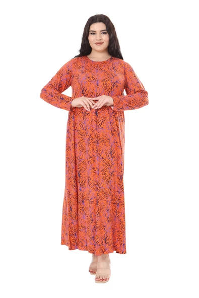 Melsay Butik Turuncu İnce Mercan Desen Uzun Kollu Kadın Elbise - 2