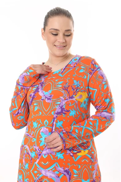 Melsay Butik Turuncu Retro Desen Uzun Kollu Kadın Elbise - 4