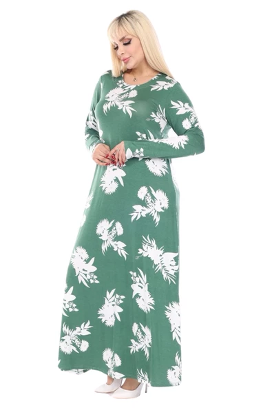 Melsay Butik Yeşil Beyaz Yaprak Desen Uzun Kollu Kadın Tesettür Elbise - 4