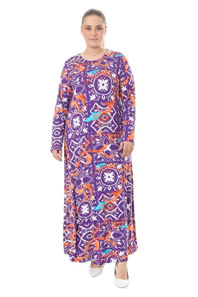 Melsay Butik Mor Retro Desen Uzun Kollu Kadın Elbise - 4