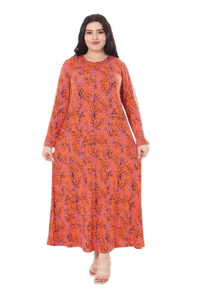 Melsay Butik Turuncu İnce Mercan Desen Uzun Kollu Kadın Elbise - 3