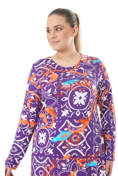 Melsay Butik Mor Retro Desen Uzun Kollu Kadın Elbise - 5