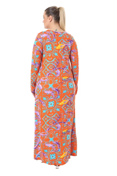 Melsay Butik Turuncu Retro Desen Uzun Kollu Kadın Elbise - 6
