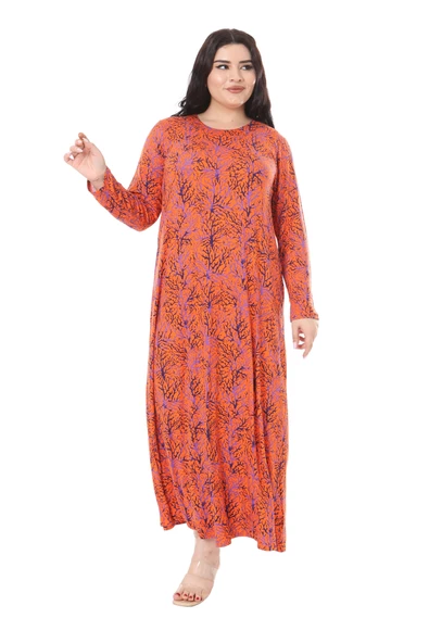 Melsay Butik Turuncu İnce Mercan Desen Uzun Kollu Kadın Elbise - 6