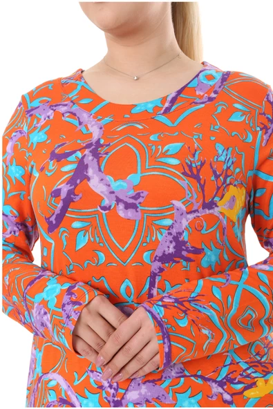 Melsay Butik Turuncu Retro Desen Uzun Kollu Kadın Elbise - 5