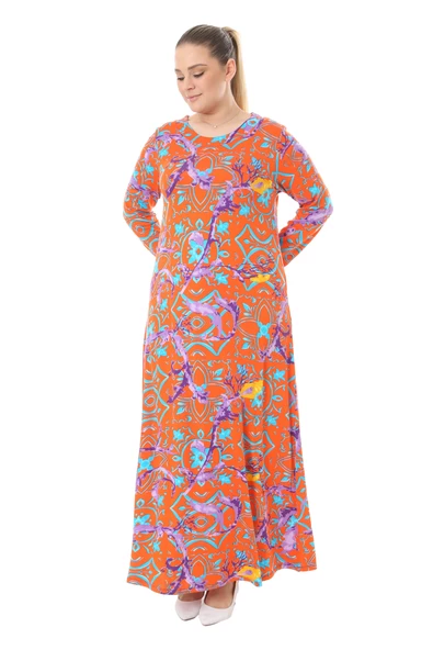 Melsay Butik Turuncu Retro Desen Uzun Kollu Kadın Elbise - 2