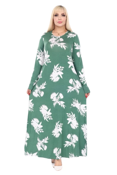 Melsay Butik Yeşil Beyaz Yaprak Desen Uzun Kollu Kadın Tesettür Elbise - 2