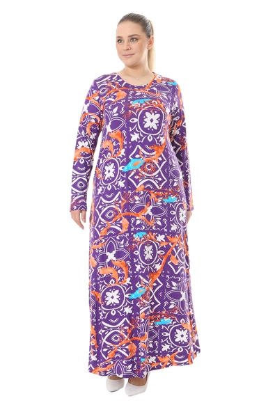 Melsay Butik Mor Retro Desen Uzun Kollu Kadın Elbise - 2