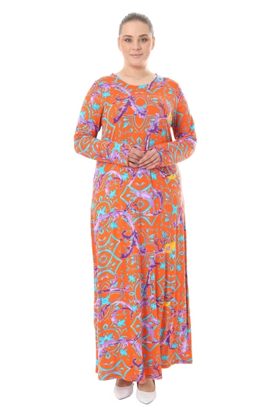 Melsay Butik Turuncu Retro Desen Uzun Kollu Kadın Elbise - 3