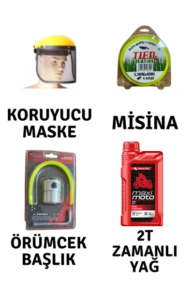 Motorlu Tırpan Seti Koruyucu Maske-Misina-Örümcek Başlık-Yağ