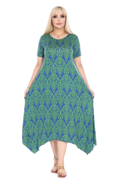 Melsay Butik Yeşil Dantel Desen Asimetrik Kısa Kollu Elbise - Resim 3