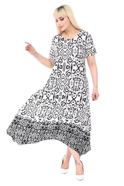 Melsay Butik Siyah Beyaz Kilim Desen Asimetrik Kısa Kollu Elbise - 2