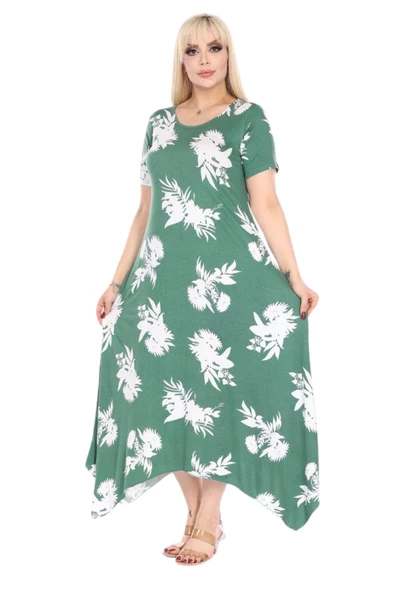Melsay Butik Yeşil Beyaz Yaprak Desen Asimetrik Kısa Kollu Elbise ürün görseli