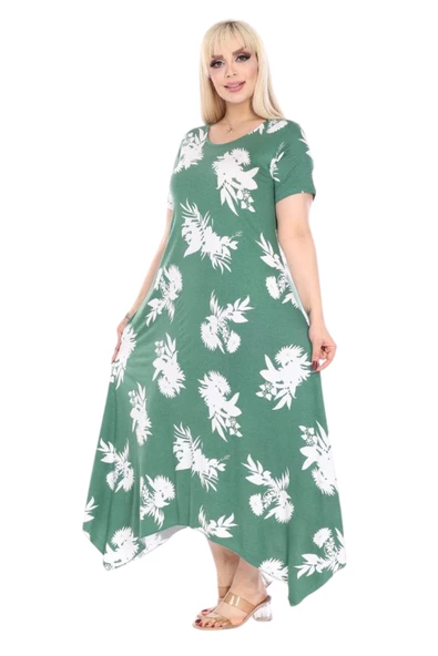 Melsay Butik Yeşil Beyaz Yaprak Desen Asimetrik Kısa Kollu Elbise - Resim 2