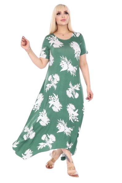 Melsay Butik Yeşil Beyaz Yaprak Desen Asimetrik Kısa Kollu Elbise - Resim 3