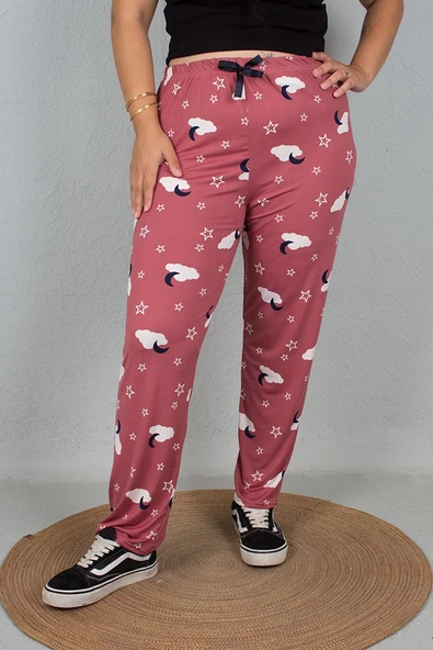 Büyük Beden Pamuklu Viskon Pijama Altı Desenli - 5
