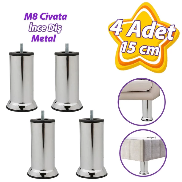4 Adet Metal Destek Ayağı 15 Cm Krom Mobilya Kanepe Baza Koltuk Ünite Ayakları Metrik 8 Civatalı İnce Diş