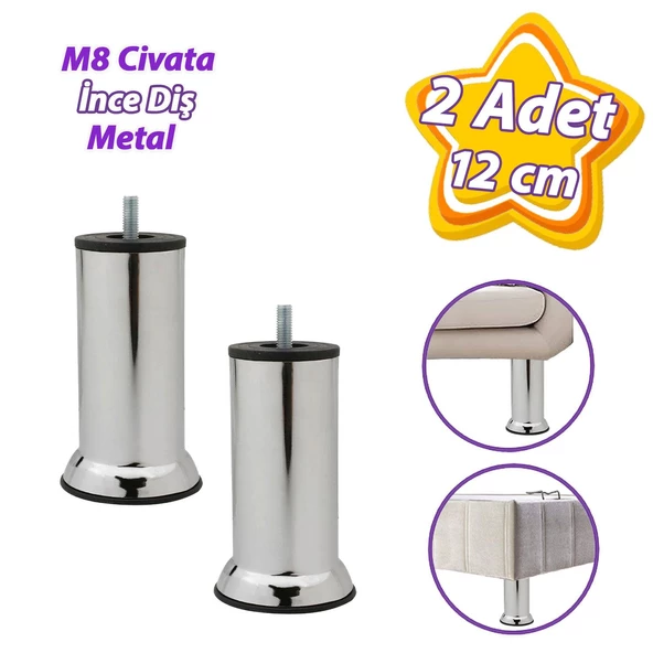 2 Adet Metal Destek Ayağı 12 Cm Krom Mobilya Kanepe Baza Koltuk Ünite Ayakları Metrik 8 Civatalı İnce Diş