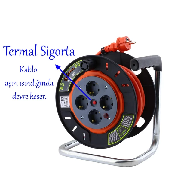 Plastik Küçük Makaralı Seyyar CCA Kablo 4 Priz Monofaze Uzatma Kablosu 3x1.5 mm TTR Kablo 15 Metre - Resim 6