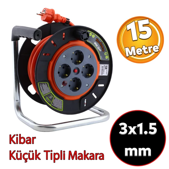 Plastik Küçük Makaralı Seyyar CCA Kablo 4 Priz Monofaze Uzatma Kablosu 3x1.5 mm TTR Kablo 15 Metre ürün görseli