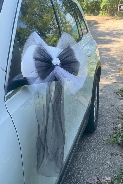 10 Adet Beyaz Siyah Kristal Tül Beyaz Latex Gül Kuyruk Detaylı Düğün Nikah Kına Sünnet Konvoy Süsü - 2
