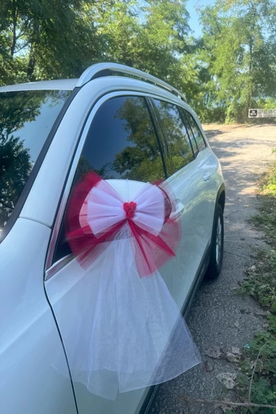 20 Adet Kırmızı Beyaz Kristal Tül Kırmızı Latex Gül Kuyruk Detaylı Düğün Nikah Kına Sünnet Konvoy Süsü - Resim 8