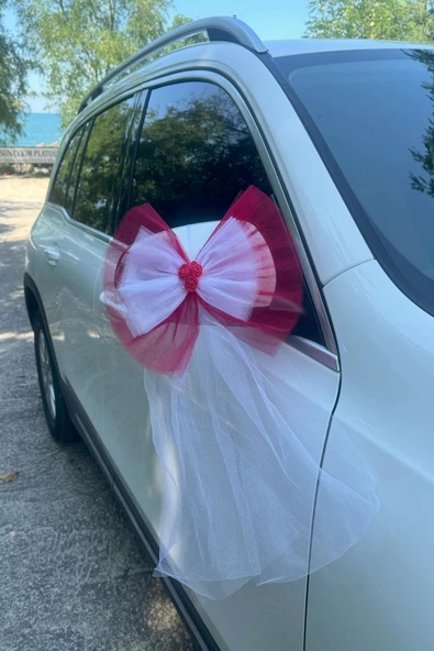 20 Adet Kırmızı Beyaz Kristal Tül Kırmızı Latex Gül Kuyruk Detaylı Düğün Nikah Kına Sünnet Konvoy Süsü - Resim 3