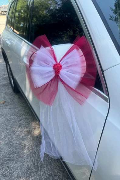 20 Adet Kırmızı Beyaz Kristal Tül Kırmızı Latex Gül Kuyruk Detaylı Düğün Nikah Kına Sünnet Konvoy Süsü - Resim 5