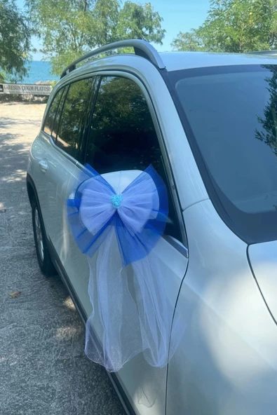 5 Adet Mavi Beyaz Kristal Tül Mavi Latex Gül Kuyruk Detaylı Düğün Nikah Kına Sünnet Konvoy Süsü - 3