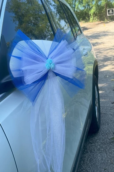 10 Adet Mavi Beyaz Kristal Tül Mavi Latex Gül Kuyruk Detaylı Düğün Nikah Kına Sünnet Konvoy Süsü - Resim 4