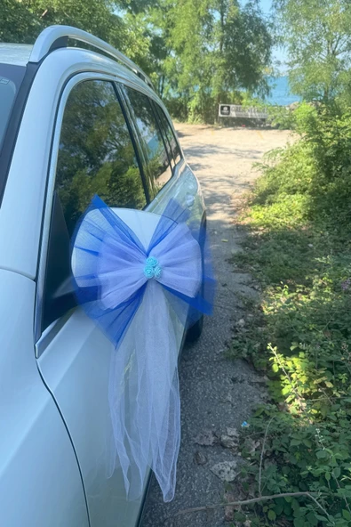 10 Adet Mavi Beyaz Kristal Tül Mavi Latex Gül Kuyruk Detaylı Düğün Nikah Kına Sünnet Konvoy Süsü - Resim 2