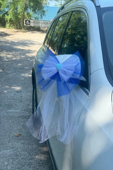 10 Adet Mavi Beyaz Kristal Tül Mavi Latex Gül Kuyruk Detaylı Düğün Nikah Kına Sünnet Konvoy Süsü - Resim 5