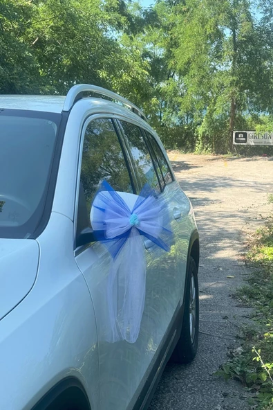 10 Adet Mavi Beyaz Kristal Tül Mavi Latex Gül Kuyruk Detaylı Düğün Nikah Kına Sünnet Konvoy Süsü - Resim 8