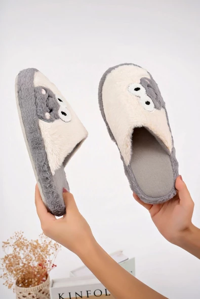 Albishoes Kadın Kurbağa Figürlü Sessiz Taban Önü Kapalı Peluş Kışlık Kadın Ev Terlik Ev Kadın Peluş - 2