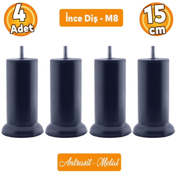 Mobilya Baza Metal Antrasit 15 cm M8 Ince Diş Kanepe Koltuk Çekyat Yükseltme Ayağı Ayakları 4 Adet