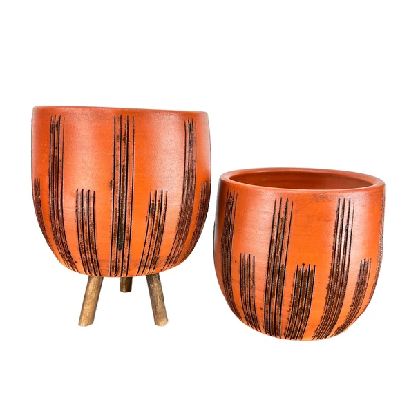 Bitki Tasarımı Dik Çizgi Desenli Toprak Saksı Saksılık Salon Çiçeklik İkili Set Ayaksız - 3 Ayaklı- 19 CM - Resim 3