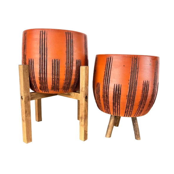 Bitki Tasarımı Dik Çizgi Desenli Toprak Saksı Saksılık Salon Çiçeklik İkili Set 3 Ayaklı- 4 Ayaklı- 19 CM - 1