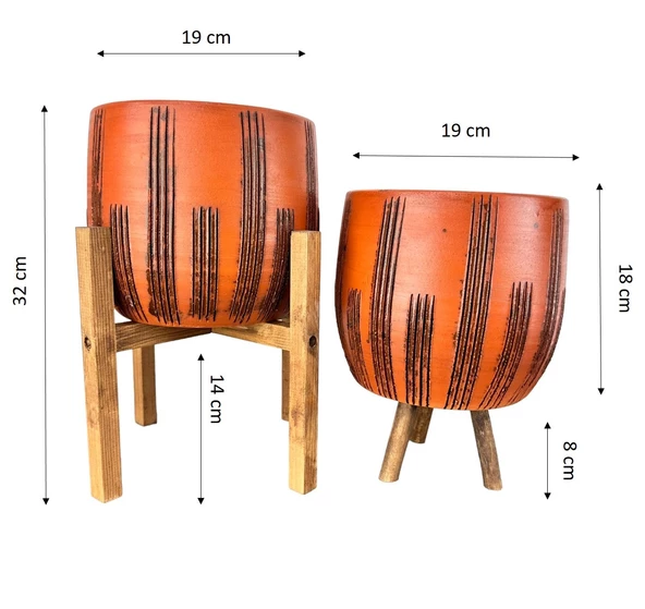 Bitki Tasarımı Dik Çizgi Desenli Toprak Saksı Saksılık Salon Çiçeklik İkili Set 3 Ayaklı- 4 Ayaklı- 19 CM - 2