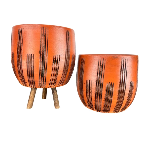 Bitki Tasarımı Dik Çizgi Desenli Toprak Saksı Saksılık Salon Çiçeklik İkili Set Ayaksız - 3 Ayaklı- 19 CM ürün görseli