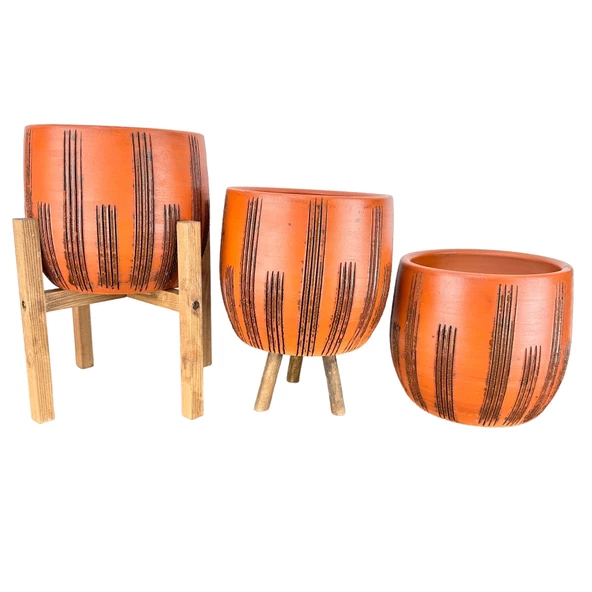 Bitki Tasarımı  Dik Çizgi Desenli Toprak Saksı Saksılık Salon Çiçeklik Üçlü Set - 19 CM - 3