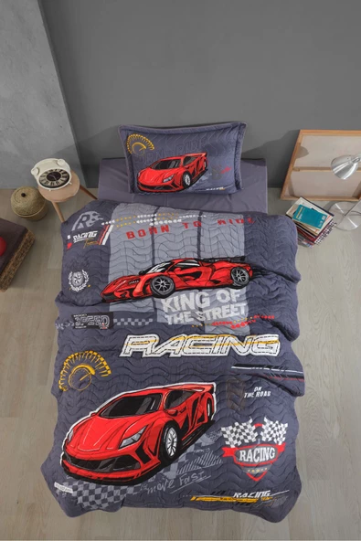 Clasy Ranforce %100 Pamuk Tek Kişilik Yatak Örtüsü Seti Racing Team V1 Gri