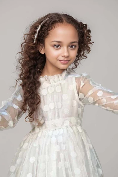 Kız Çocuk Boydan Üzeri Puantiye Detaylı Kolları Şeffaf Tül Beyaz Elbise - Resim 2